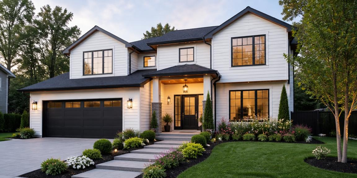 Beautifully landscaped modern home with clean siding and windows