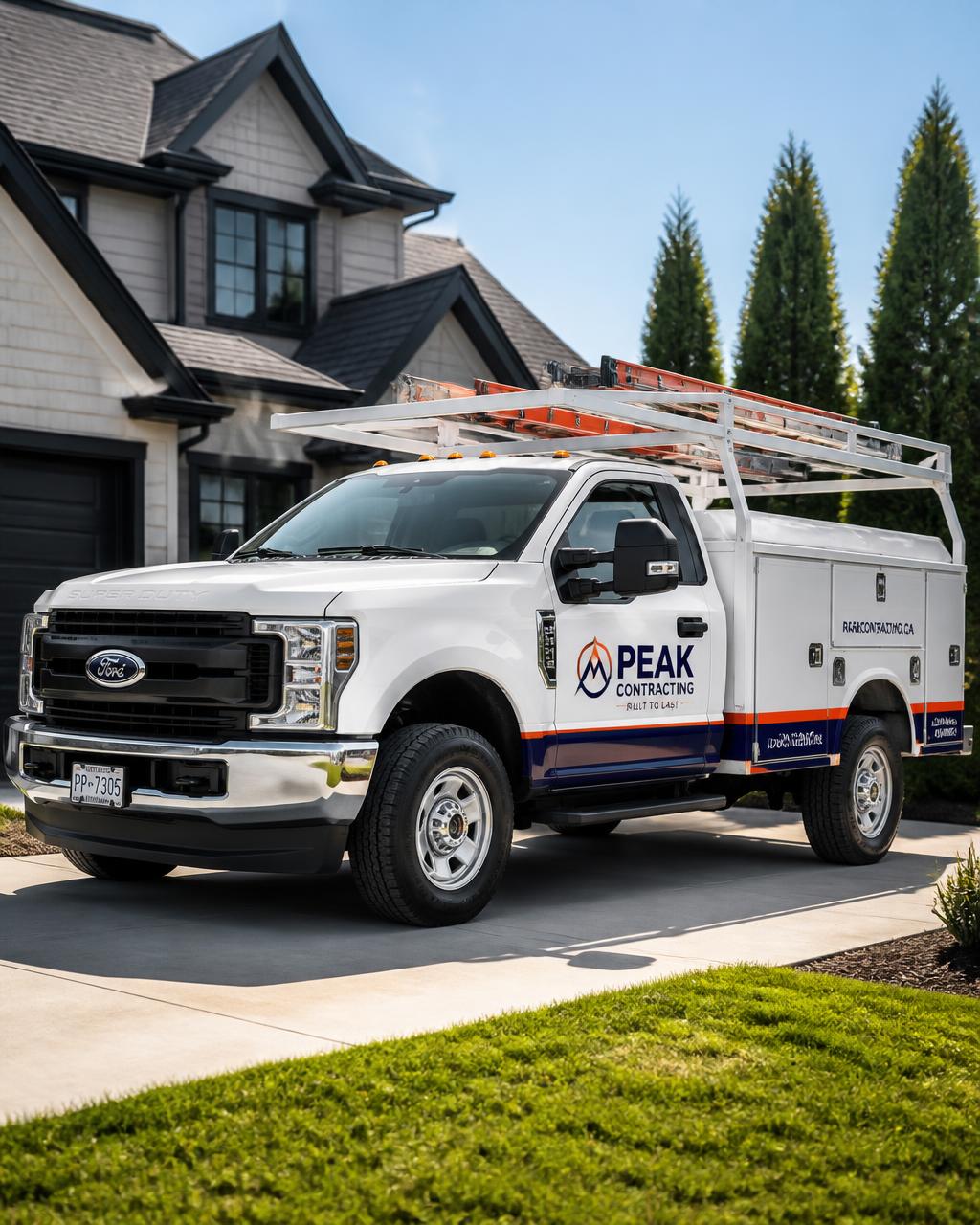 Professional white contractor work truck parked in front of a modern suburban home