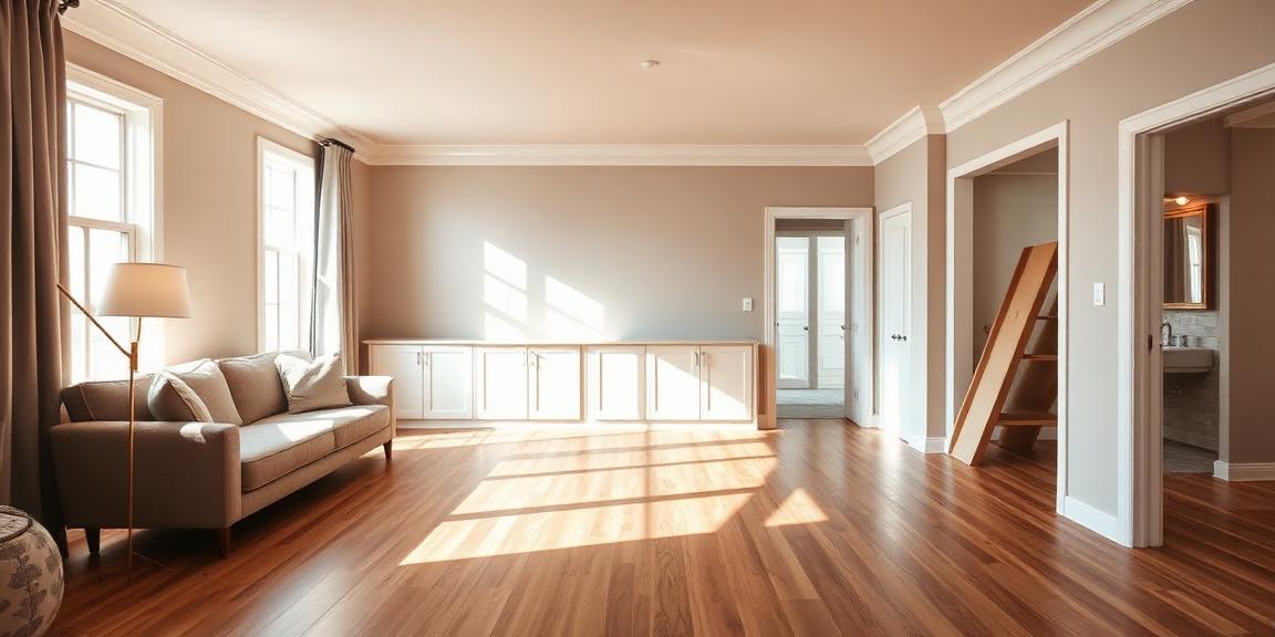 Bright, modern interior living space with refinished hardwood floors and fresh paint
