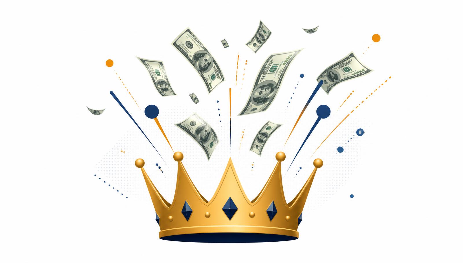 Golden crown with dollar bills rising, symbolizing making your business reign